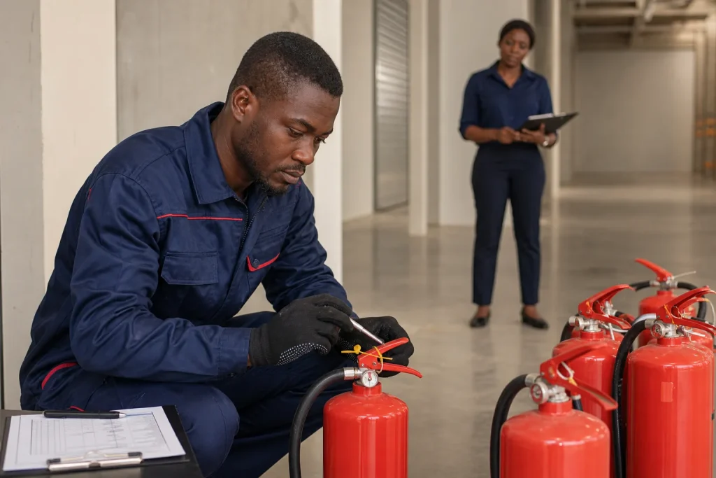 Technicien ouest-africain entretenant des équipements de sécurité incendie avec une responsable de site