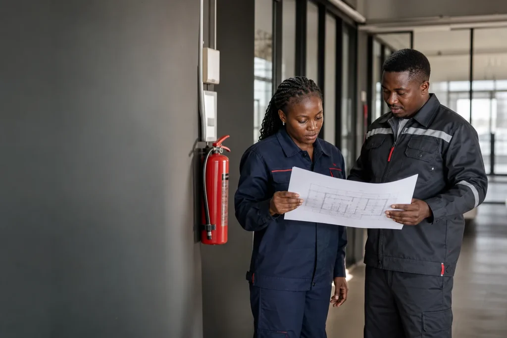 Deux professionnels ouest-africains de la sécurité incendie évaluant un plan de site près d’un extincteur