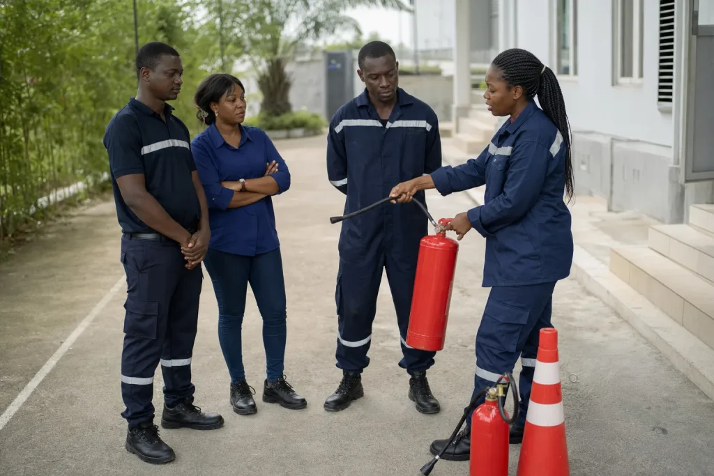 Formatrice ouest-africaine animant une formation pratique à l’utilisation d’un extincteur